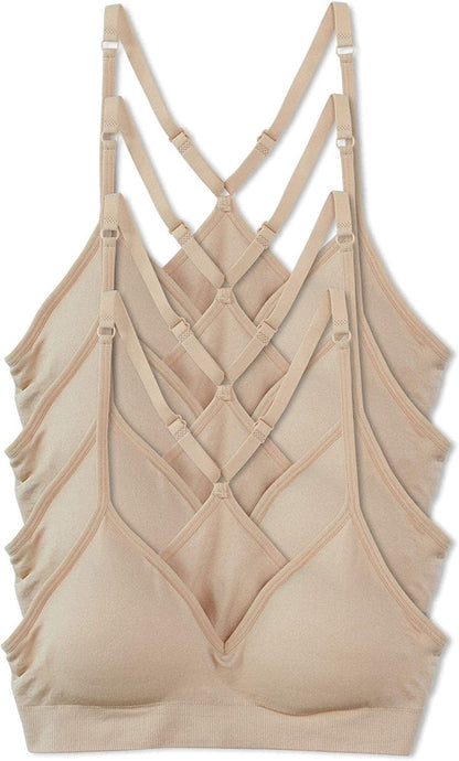 Women’S 4 Pack Racerback Sports Bralette Seamless Wireless Comfort Bra 4pk Light Beige / Large
