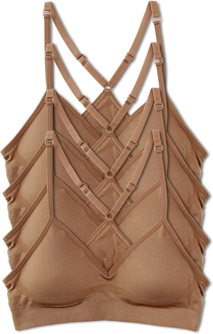 Women’S 4 Pack Racerback Sports Bralette Seamless Wireless Comfort Bra 4pk Dark Beige / Small