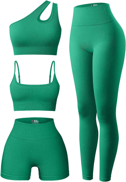Women'S 4 Piece Outfits Ribbed Exercise Scoop Neck Sports Bra One Shoulder Tops High Waist Shorts Leggings Active Set Green1 / Small