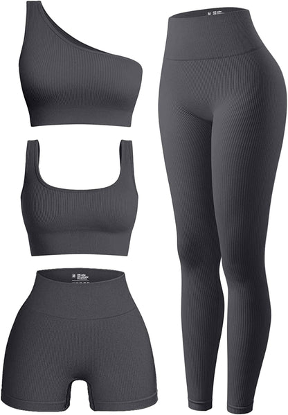 Women'S 4 Piece Outfits Ribbed Exercise Scoop Neck Sports Bra One Shoulder Tops High Waist Shorts Leggings Active Set Grey / Medium