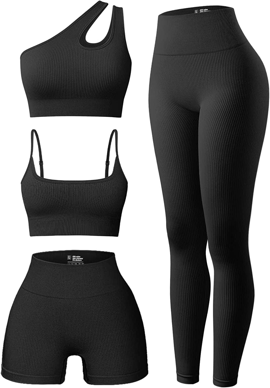 Women'S 4 Piece Outfits Ribbed Exercise Scoop Neck Sports Bra One Shoulder Tops High Waist Shorts Leggings Active Set Black1 / Small