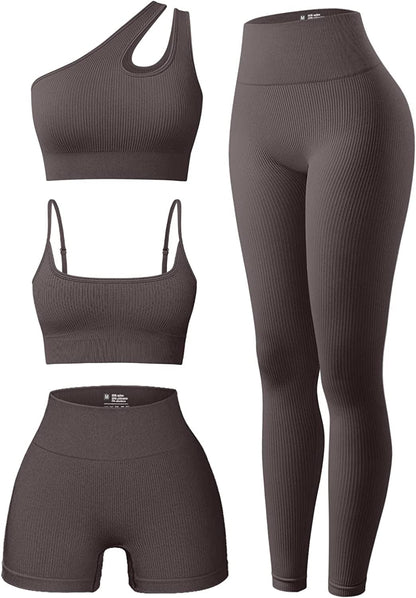 Women'S 4 Piece Outfits Ribbed Exercise Scoop Neck Sports Bra One Shoulder Tops High Waist Shorts Leggings Active Set Tea Leaf1 / Small