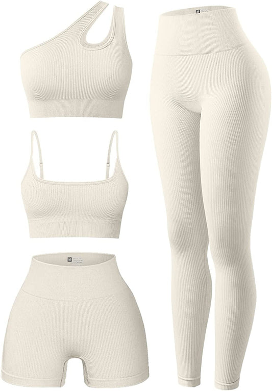 Women'S 4 Piece Outfits Ribbed Exercise Scoop Neck Sports Bra One Shoulder Tops High Waist Shorts Leggings Active Set Beige1 / Small