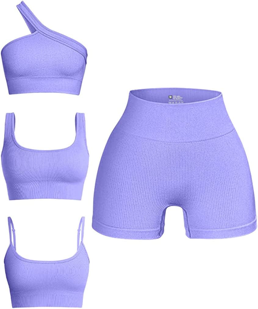 Women'S 4 Piece Outfits Ribbed Seamless Exercise Scoop Neck Sports Bra One Shoulder Tops High Waist Shorts Active Set Purple / Small