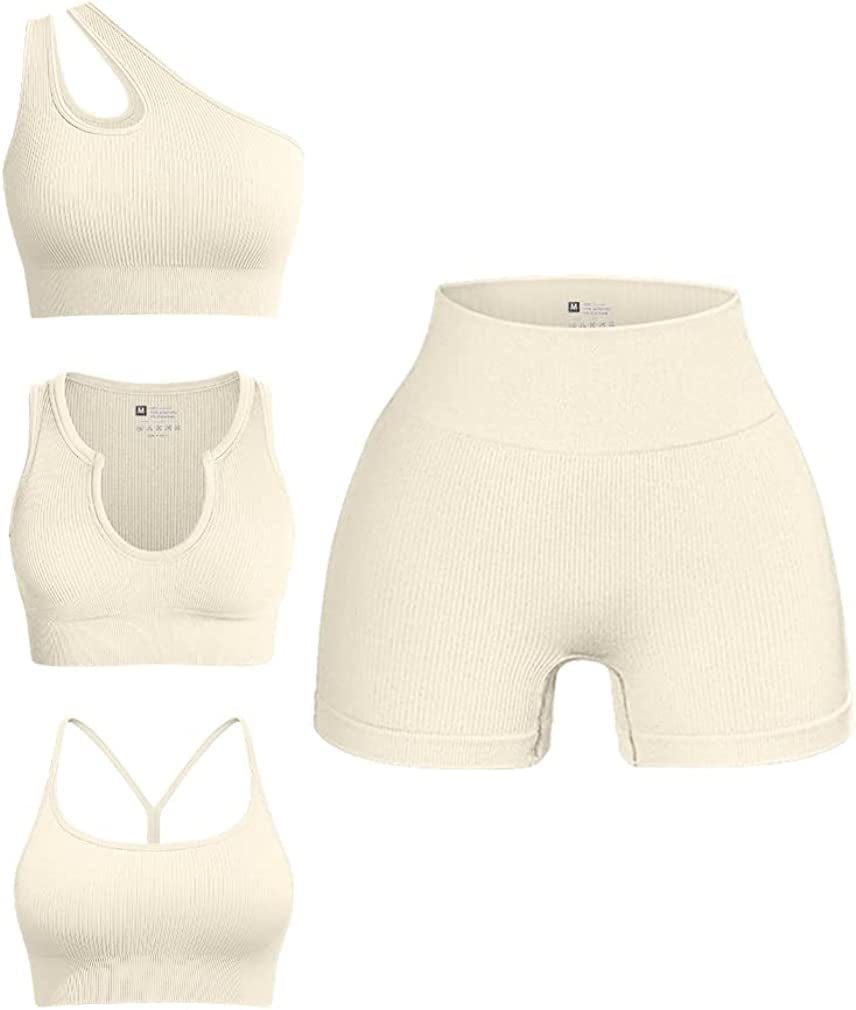 Women'S 4 Piece Outfits Ribbed Seamless Exercise Scoop Neck Sports Bra One Shoulder Tops High Waist Shorts Active Set Beige3 / Small