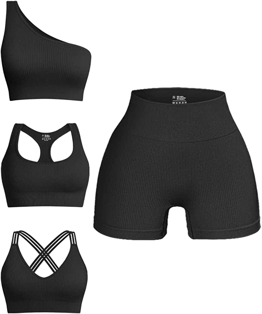 Women'S 4 Piece Outfits Ribbed Seamless Exercise Scoop Neck Sports Bra One Shoulder Tops High Waist Shorts Active Set Black4 / Small