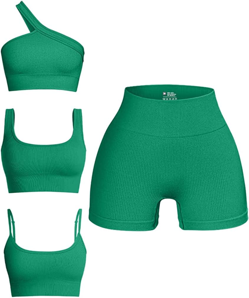 Women'S 4 Piece Outfits Ribbed Seamless Exercise Scoop Neck Sports Bra One Shoulder Tops High Waist Shorts Active Set Green / Small