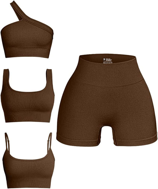 Women'S 4 Piece Outfits Ribbed Seamless Exercise Scoop Neck Sports Bra One Shoulder Tops High Waist Shorts Active Set Coffee / Small