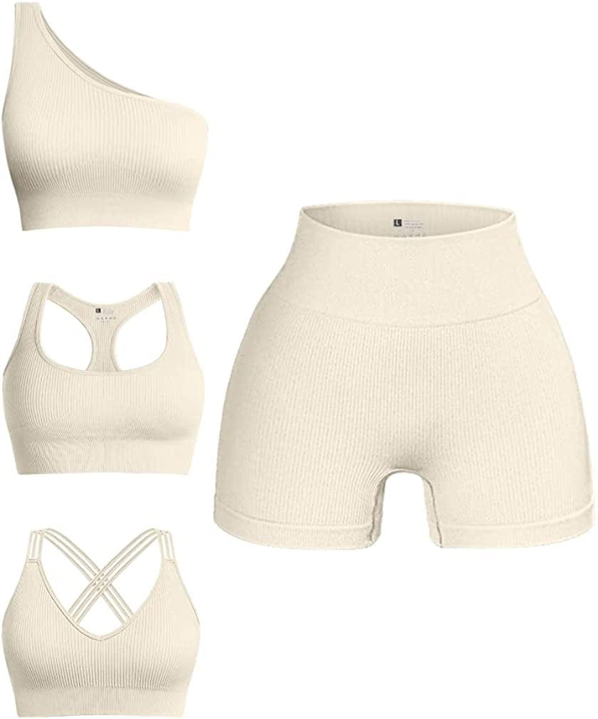 Women'S 4 Piece Outfits Ribbed Seamless Exercise Scoop Neck Sports Bra One Shoulder Tops High Waist Shorts Active Set Beige4 / Small