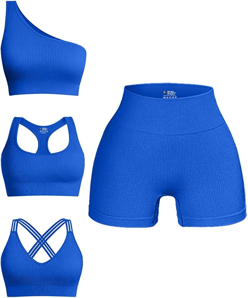 Women'S 4 Piece Outfits Ribbed Seamless Exercise Scoop Neck Sports Bra One Shoulder Tops High Waist Shorts Active Set Blue4 / Small