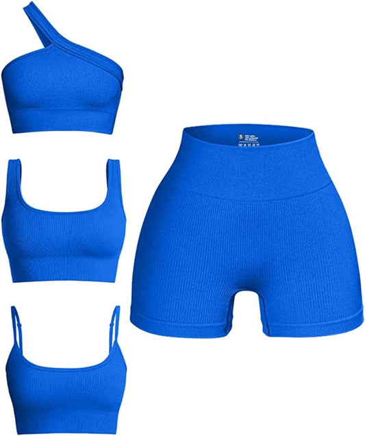 Women'S 4 Piece Outfits Ribbed Seamless Exercise Scoop Neck Sports Bra One Shoulder Tops High Waist Shorts Active Set Blue / Small