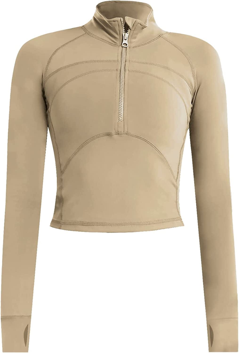 Women'S Athletic Half Zip Pullover Sweatshirt Workout Top Crop Quarter Zip Pullover Yoga Running Jackets A-tan / Medium