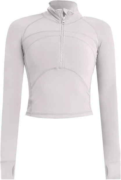 Women'S Athletic Half Zip Pullover Sweatshirt Workout Top Crop Quarter Zip Pullover Yoga Running Jackets A-ivory / Medium