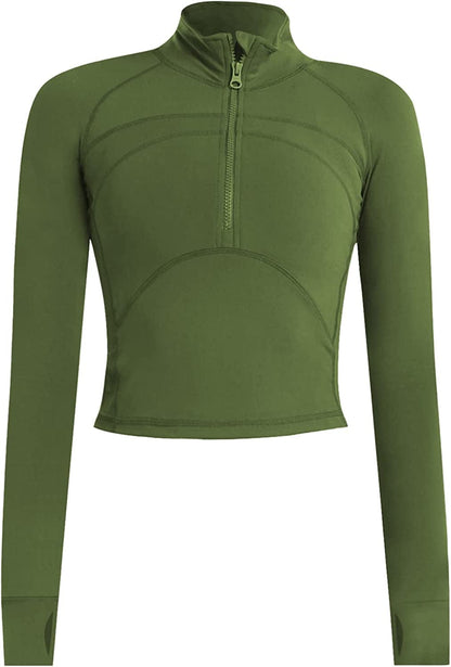 Women'S Athletic Half Zip Pullover Sweatshirt Workout Top Crop Quarter Zip Pullover Yoga Running Jackets A-armygreen / Medium