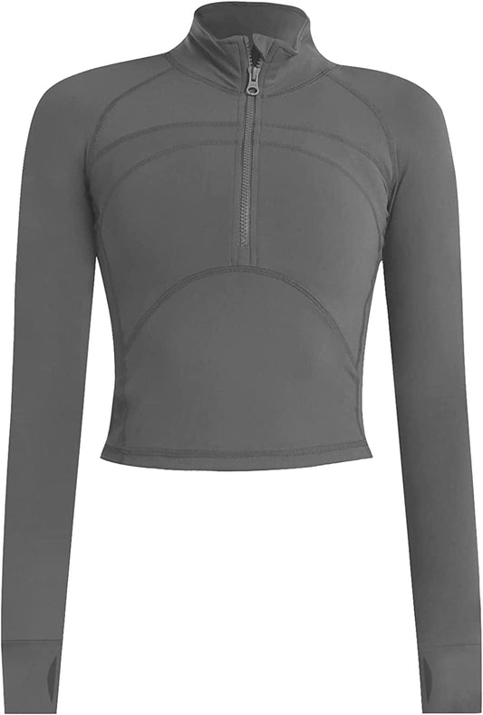 Women'S Athletic Half Zip Pullover Sweatshirt Workout Top Crop Quarter Zip Pullover Yoga Running Jackets A-grey / Medium
