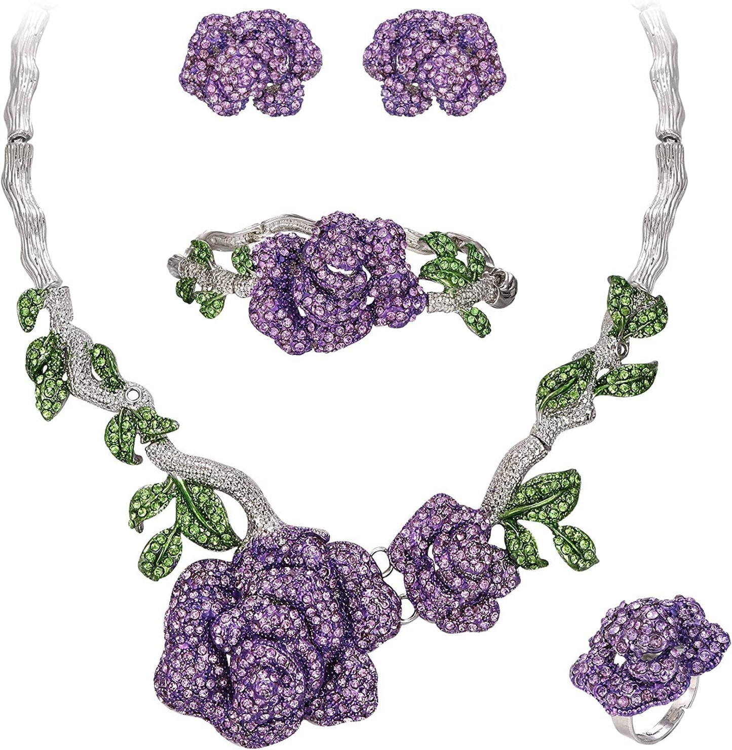 Women'S Austrian Crystal Graceful Rose Flower Necklace Stud Earrings Set 2_Purple Silver-Tone