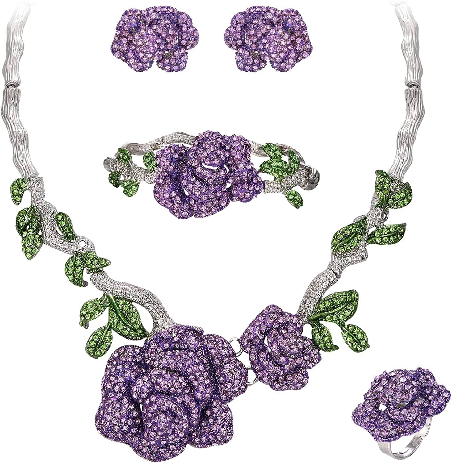 Women'S Austrian Crystal Graceful Rose Flower Necklace Stud Earrings Set 2_Purple Silver-Tone