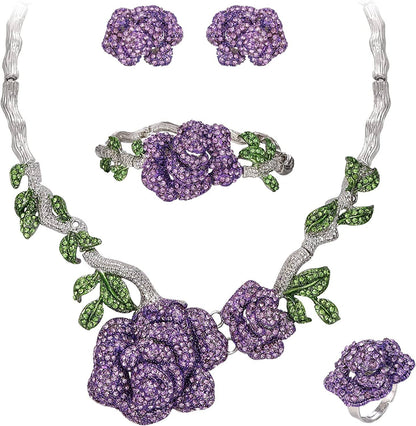 Women'S Austrian Crystal Graceful Rose Flower Necklace Stud Earrings Set 2_Purple Silver-Tone