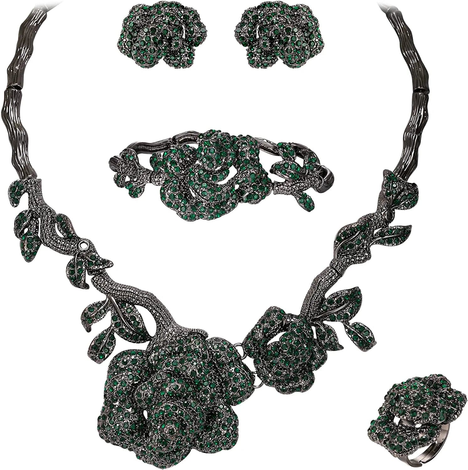 Women'S Austrian Crystal Graceful Rose Flower Necklace Stud Earrings Set 2_Green Black-Tone