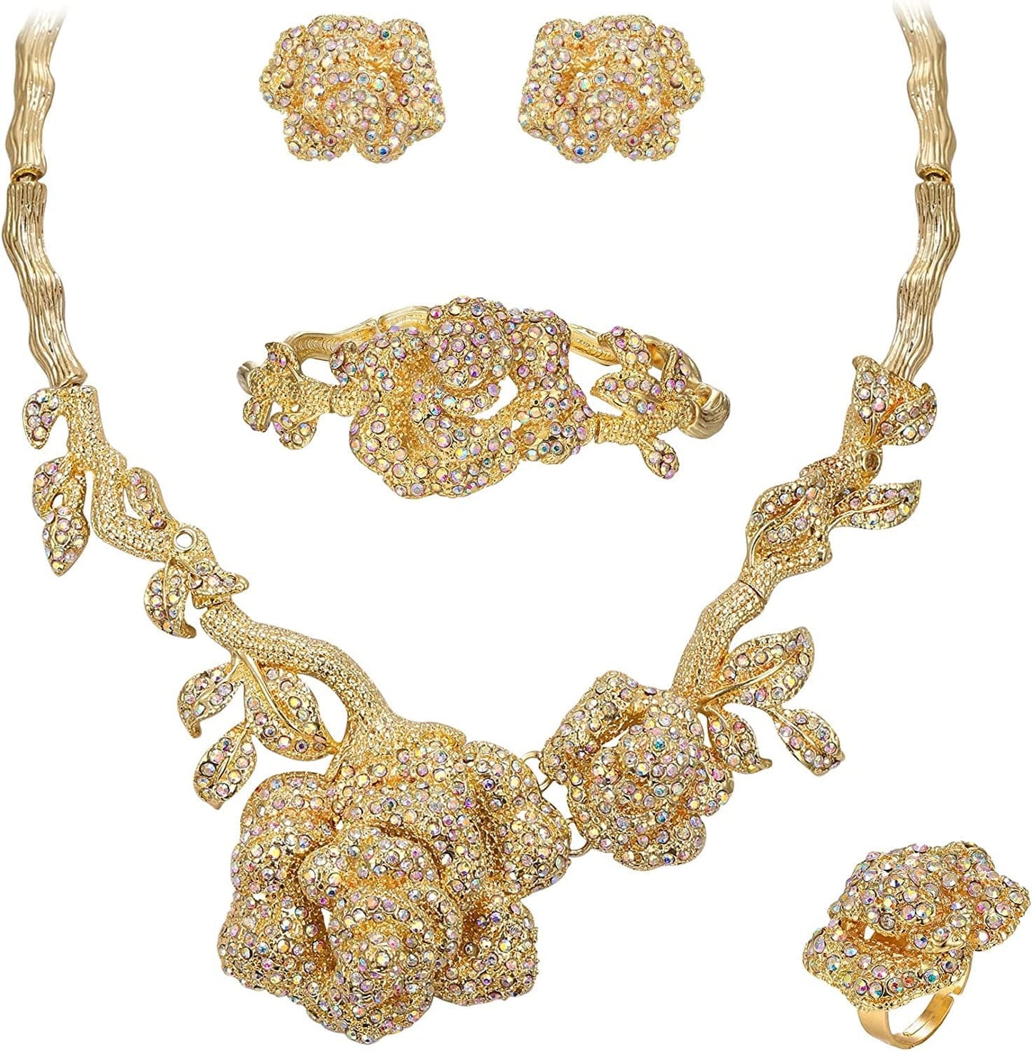 Women'S Austrian Crystal Graceful Rose Flower Necklace Stud Earrings Set 2_Iridescent AB Gold-Tone