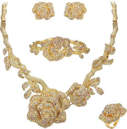 Women'S Austrian Crystal Graceful Rose Flower Necklace Stud Earrings Set 2_Iridescent AB Gold-Tone