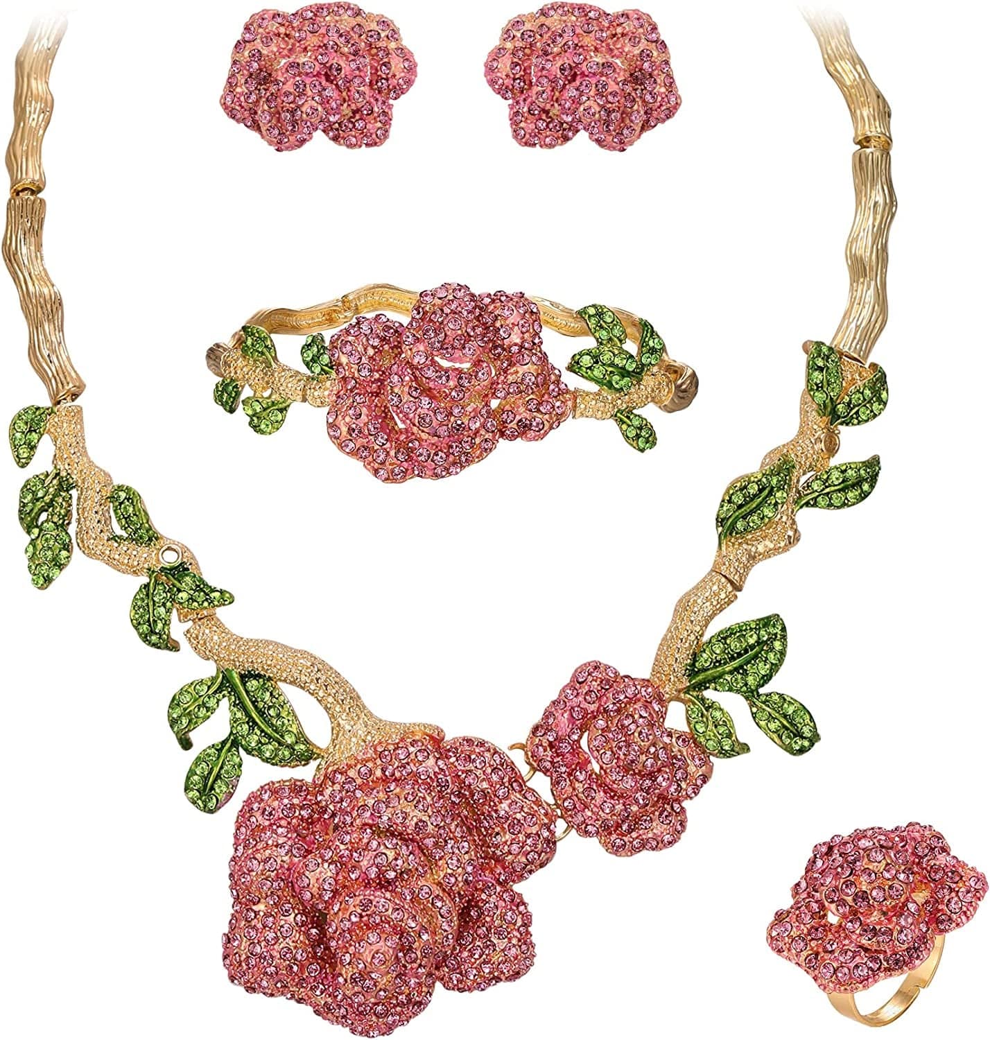 Women'S Austrian Crystal Graceful Rose Flower Necklace Stud Earrings Set 2_Pink Gold-Tone