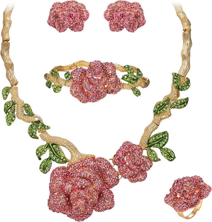 Women'S Austrian Crystal Graceful Rose Flower Necklace Stud Earrings Set 2_Pink Gold-Tone