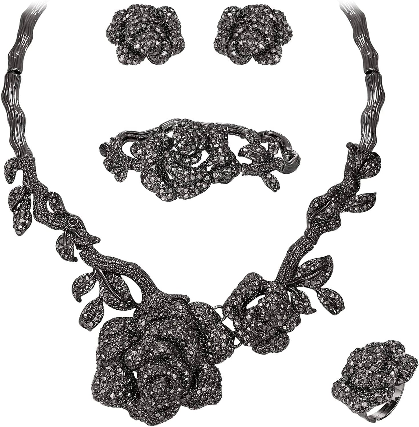 Women'S Austrian Crystal Graceful Rose Flower Necklace Stud Earrings Set 2_Jet Color Black-Tone