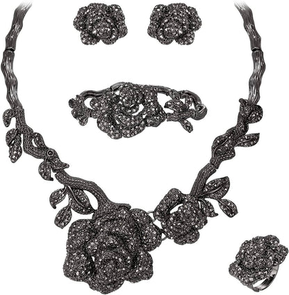 Women'S Austrian Crystal Graceful Rose Flower Necklace Stud Earrings Set 2_Jet Color Black-Tone