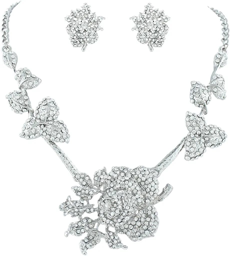 Women'S Austrian Crystal Graceful Rose Flower Necklace Stud Earrings Set 1_White Silver-Tone
