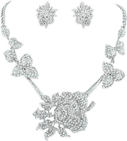 Women'S Austrian Crystal Graceful Rose Flower Necklace Stud Earrings Set 1_White Silver-Tone
