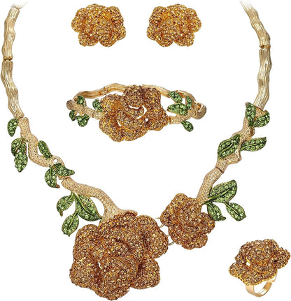 Women'S Austrian Crystal Graceful Rose Flower Necklace Stud Earrings Set 2_Brown Gold-Tone