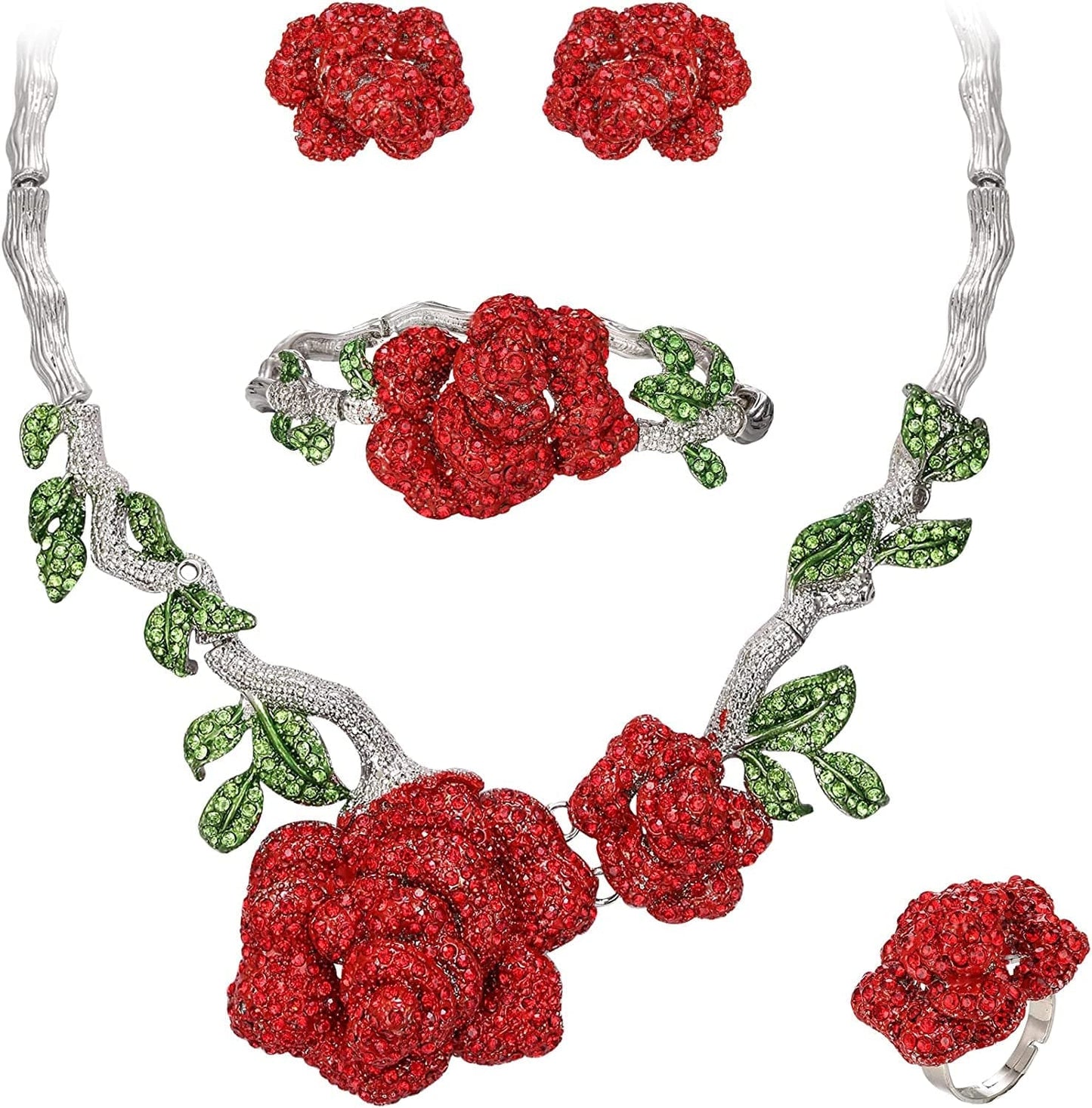 Women'S Austrian Crystal Graceful Rose Flower Necklace Stud Earrings Set 2_Red Silver-Tone