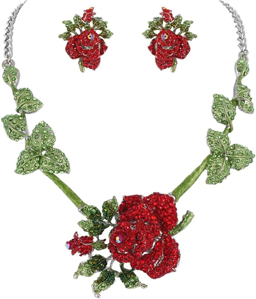 Women'S Austrian Crystal Graceful Rose Flower Necklace Stud Earrings Set 1_Green w/Red Silver-Tone