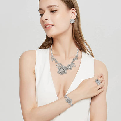 Women'S Austrian Crystal Graceful Rose Flower Necklace Stud Earrings Set