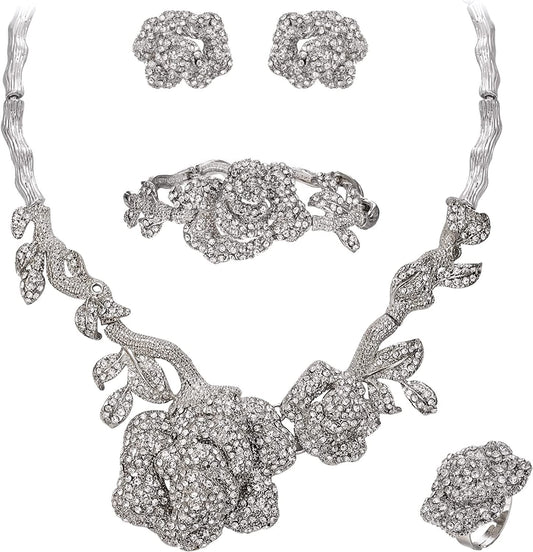 Women'S Austrian Crystal Graceful Rose Flower Necklace Stud Earrings Set 2_Clear Silver-Tone