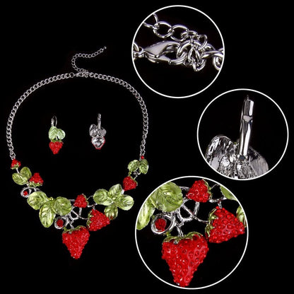 Women'S Austrian Crystal Sweet Strawberry Leaf Necklace Earrings Set Red Silver-Tone