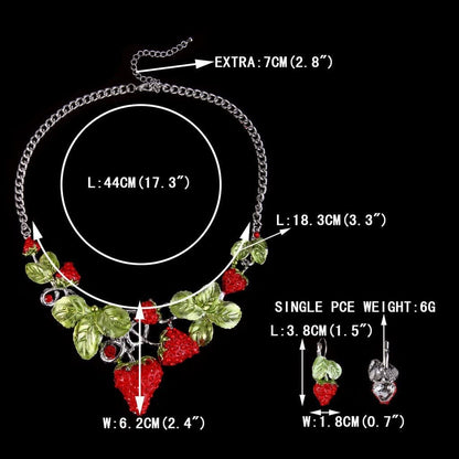 Women'S Austrian Crystal Sweet Strawberry Leaf Necklace Earrings Set Red Silver-Tone