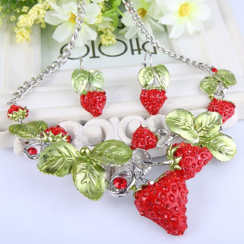 Women'S Austrian Crystal Sweet Strawberry Leaf Necklace Earrings Set Red Silver-Tone