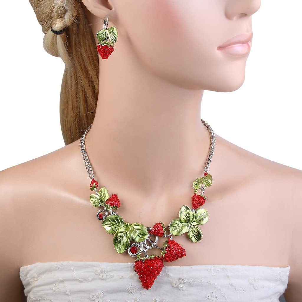 Women'S Austrian Crystal Sweet Strawberry Leaf Necklace Earrings Set Red Silver-Tone