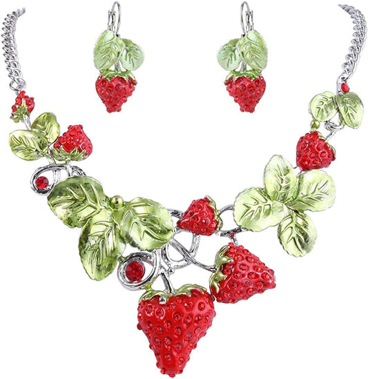 Women'S Austrian Crystal Sweet Strawberry Leaf Necklace Earrings Set Red Silver-Tone