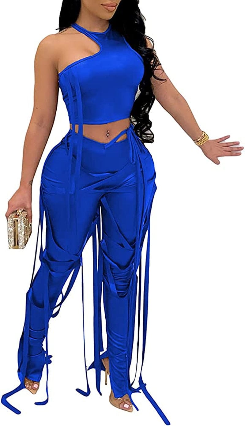 Women'S Bandage 2 Piece Elastic Irregular Tank Top Solid Lace up Bodycon Split Long Pant Sets Clubwear Blue / Medium