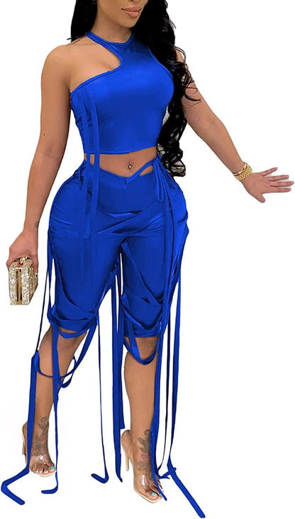 Women'S Bandage 2 Piece Elastic Irregular Tank Top Solid Lace up Bodycon Split Long Pant Sets Clubwear Y-blue / Medium