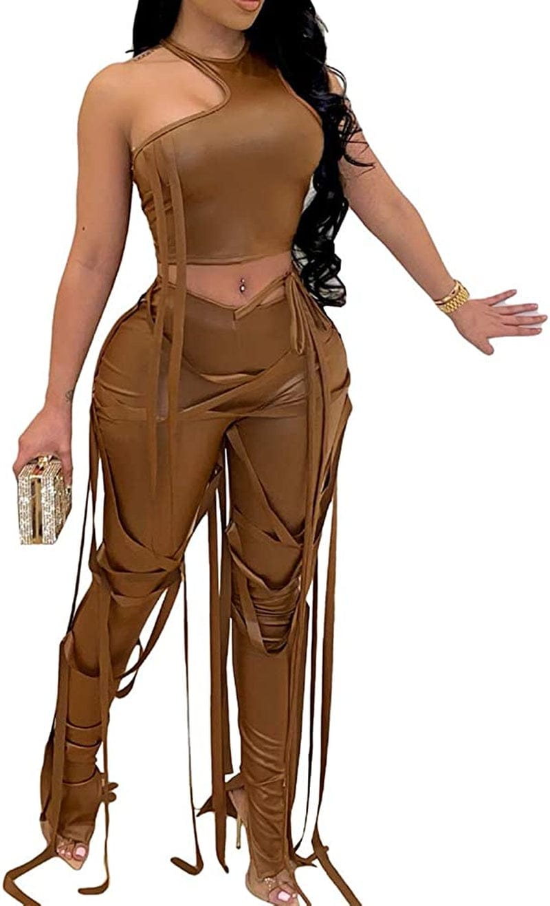 Women'S Bandage 2 Piece Elastic Irregular Tank Top Solid Lace up Bodycon Split Long Pant Sets Clubwear Coffee / Medium