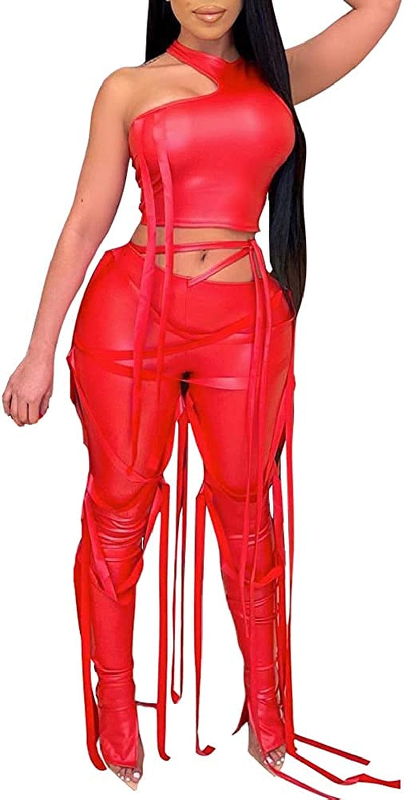Women'S Bandage 2 Piece Elastic Irregular Tank Top Solid Lace up Bodycon Split Long Pant Sets Clubwear Red / Medium