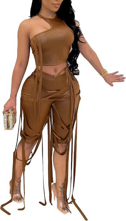 Women'S Bandage 2 Piece Elastic Irregular Tank Top Solid Lace up Bodycon Split Long Pant Sets Clubwear Y-coffee / Medium