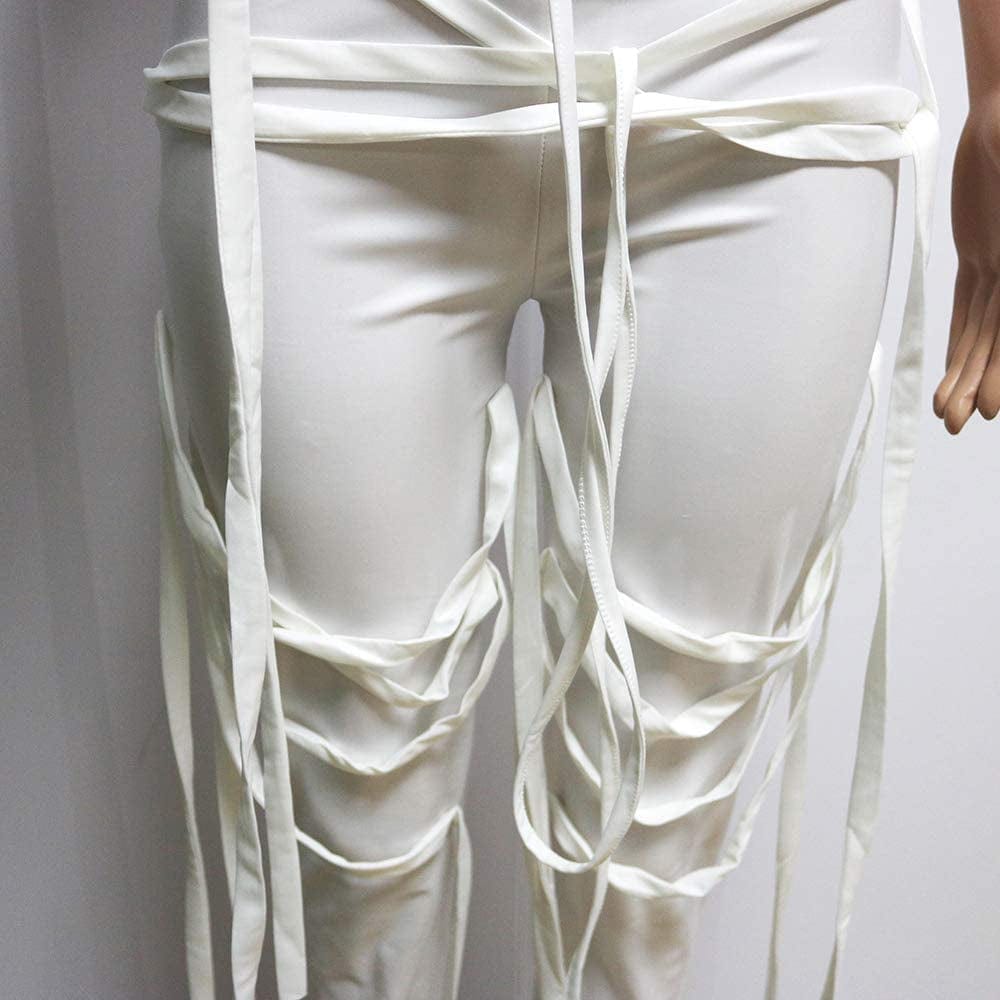 Women'S Bandage 2 Piece Elastic Irregular Tank Top Solid Lace up Bodycon Split Long Pant Sets Clubwear