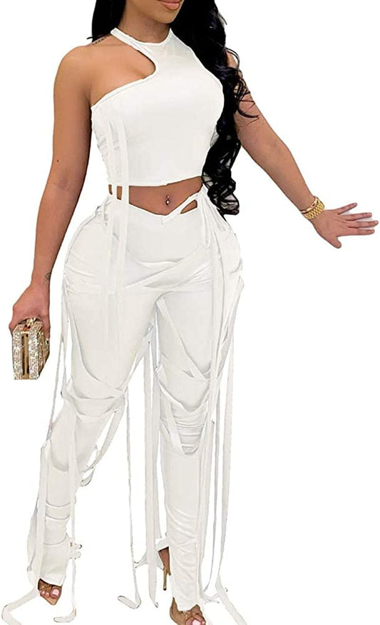 Women'S Bandage 2 Piece Elastic Irregular Tank Top Solid Lace up Bodycon Split Long Pant Sets Clubwear White / Medium