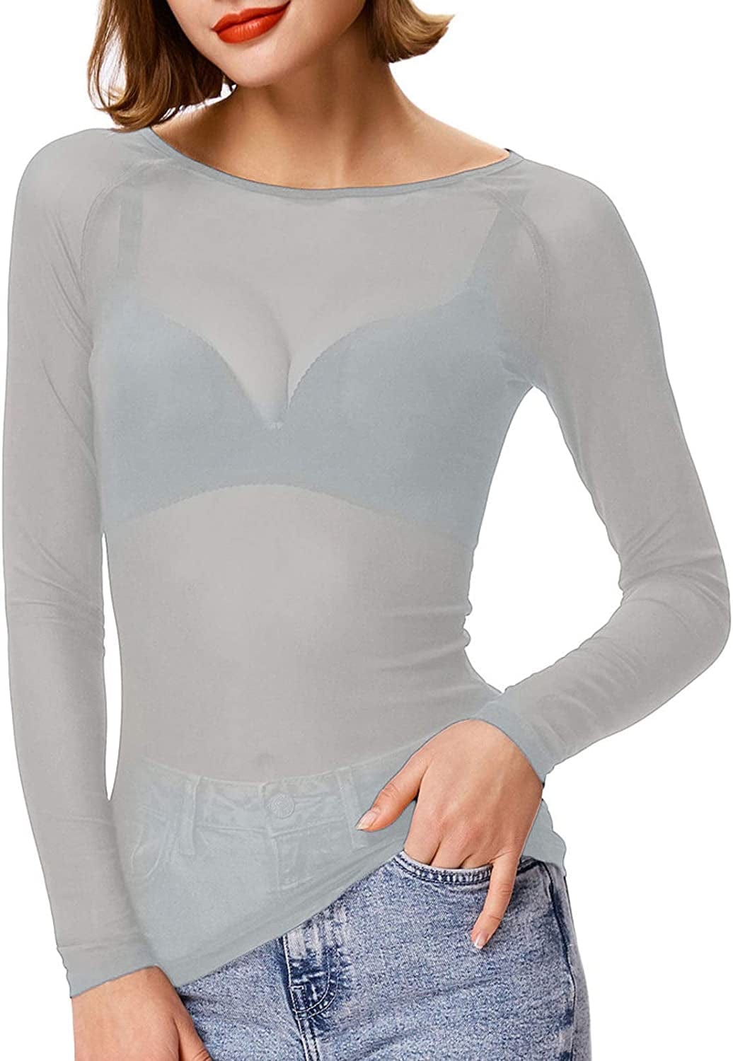 Women'S Basic Long Sleeves Mesh Sheer Tops Grey / XX-Large