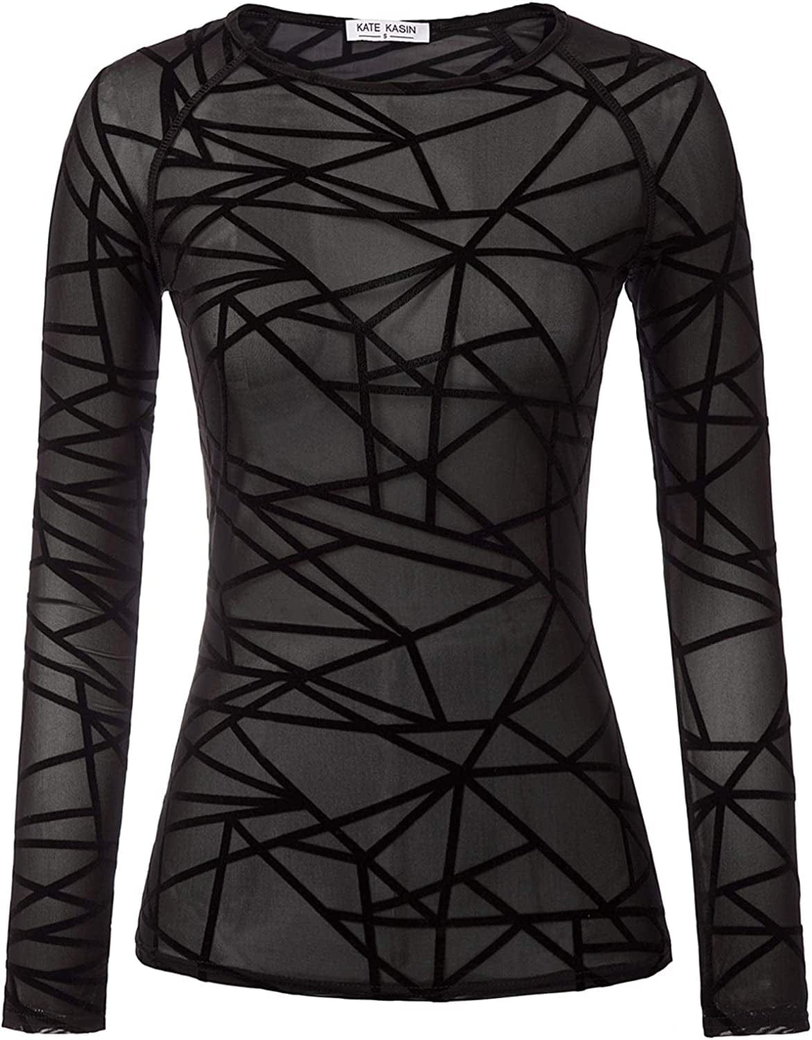 Women'S Basic Long Sleeves Mesh Sheer Tops Black-line / XX-Large